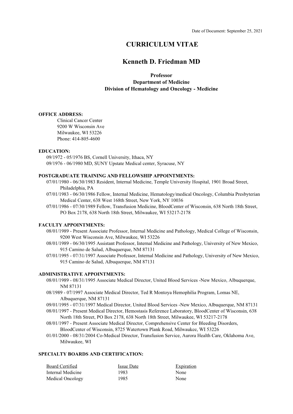 Kenneth D. Friedman MD Curriculum Vitae CV