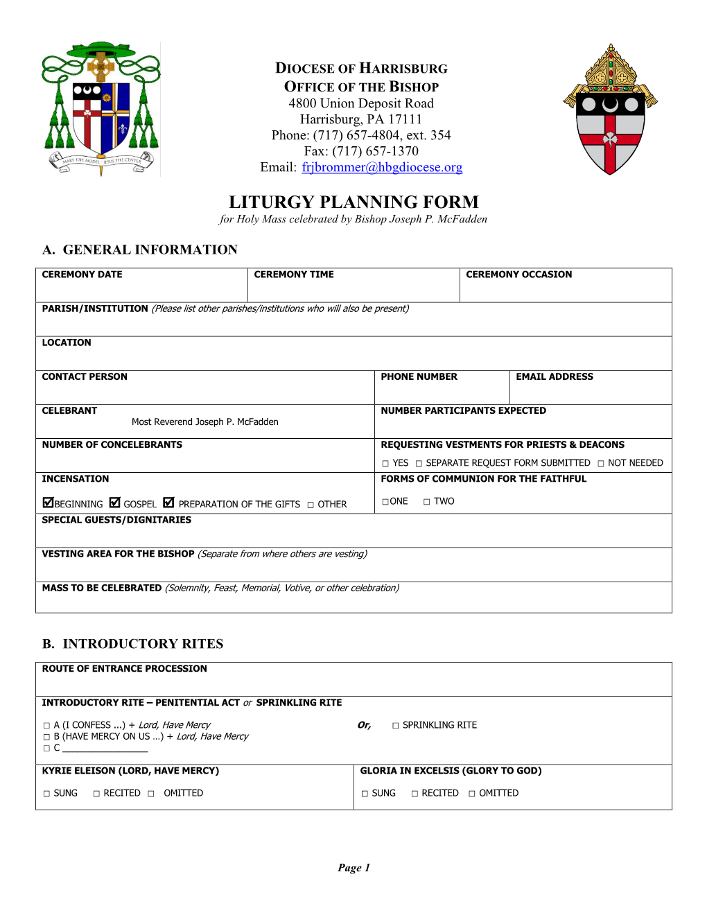 LITURGY PLANNING FORM for Holy Mass Celebrated by Bishop Joseph P