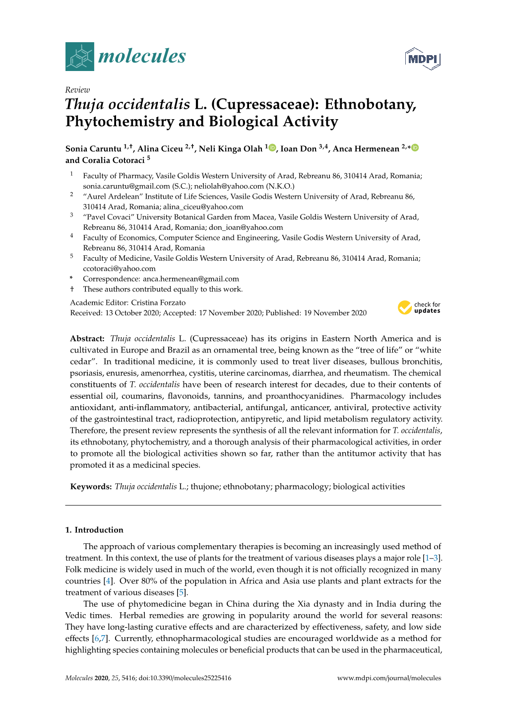 Thuja Occidentalis L. (Cupressaceae): Ethnobotany, Phytochemistry and Biological Activity