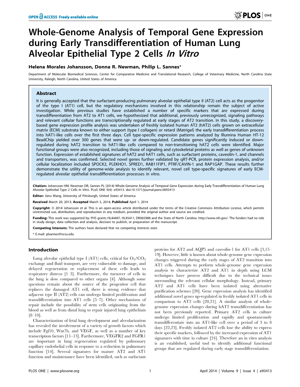 Whole-Genome Analysis of Temporal Gene Expression During Early Transdifferentiation of Human Lung Alveolar Epithelial Type 2 Cells in Vitro