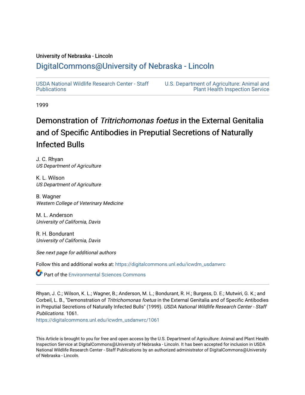 Demonstration of Tritrichomonas Foetus in the External Genitalia and of Specific Antibodies in Preputial Secretions of Naturally Infected Bulls