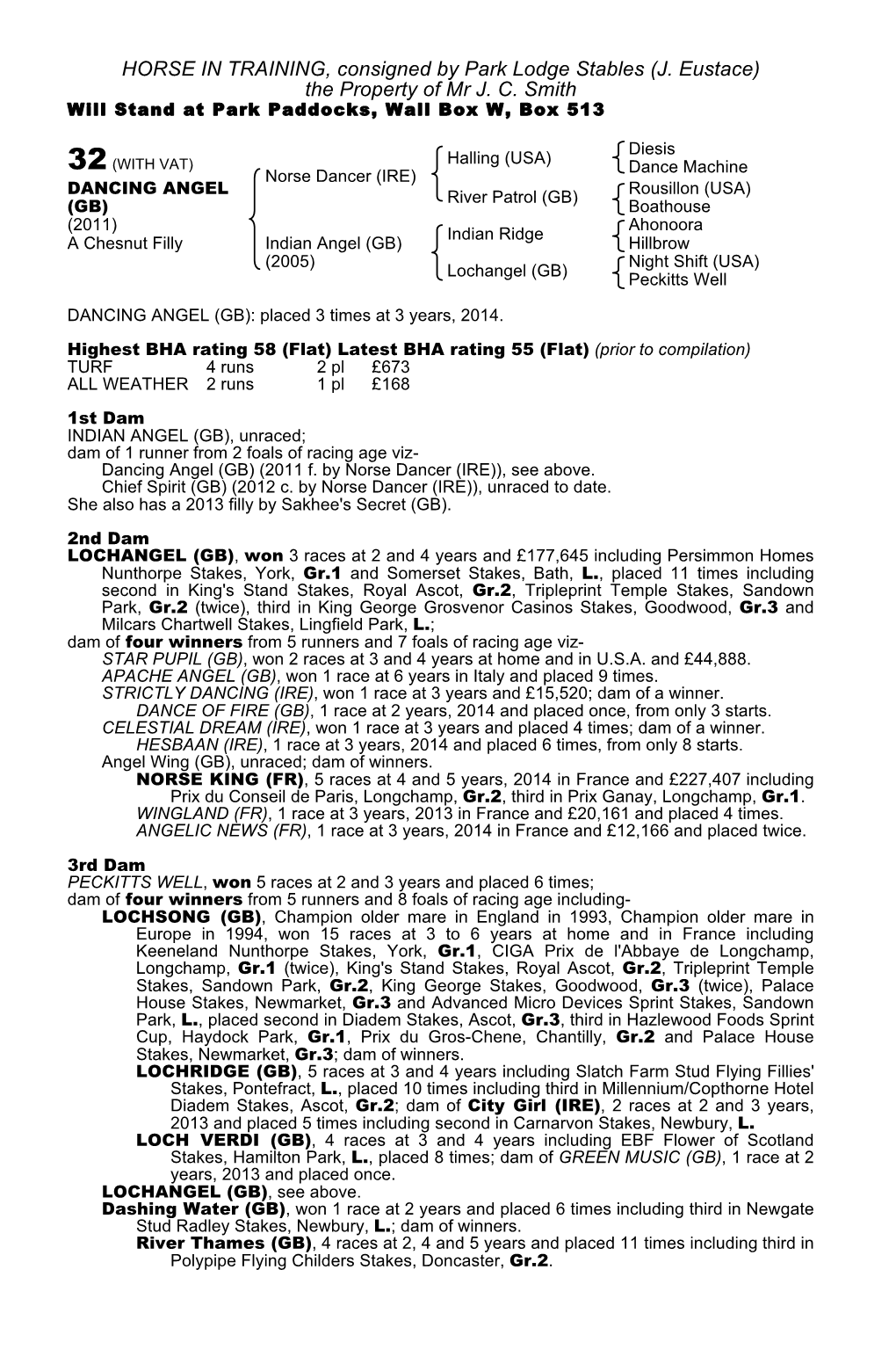 HORSE in TRAINING, Consigned by Park Lodge Stables (J. Eustace) the Property of Mr J. C. Smith Will Stand at Park Paddocks, Wall Box W, Box 513