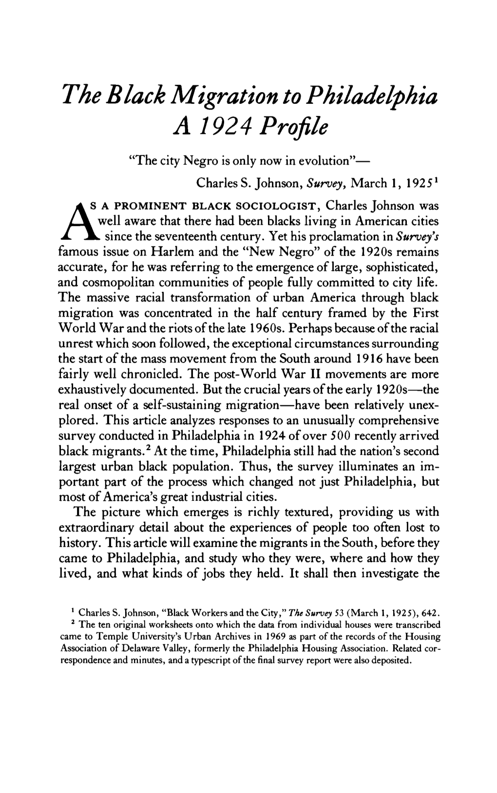 The Black Migration to Philadelphia a 1924 Profile