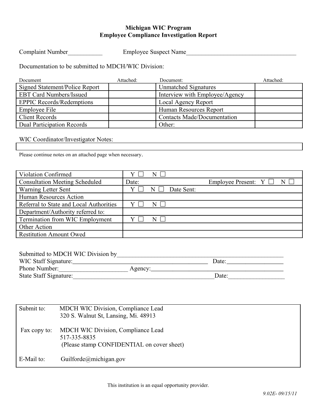 Michigan WIC Program, Department of Community Health