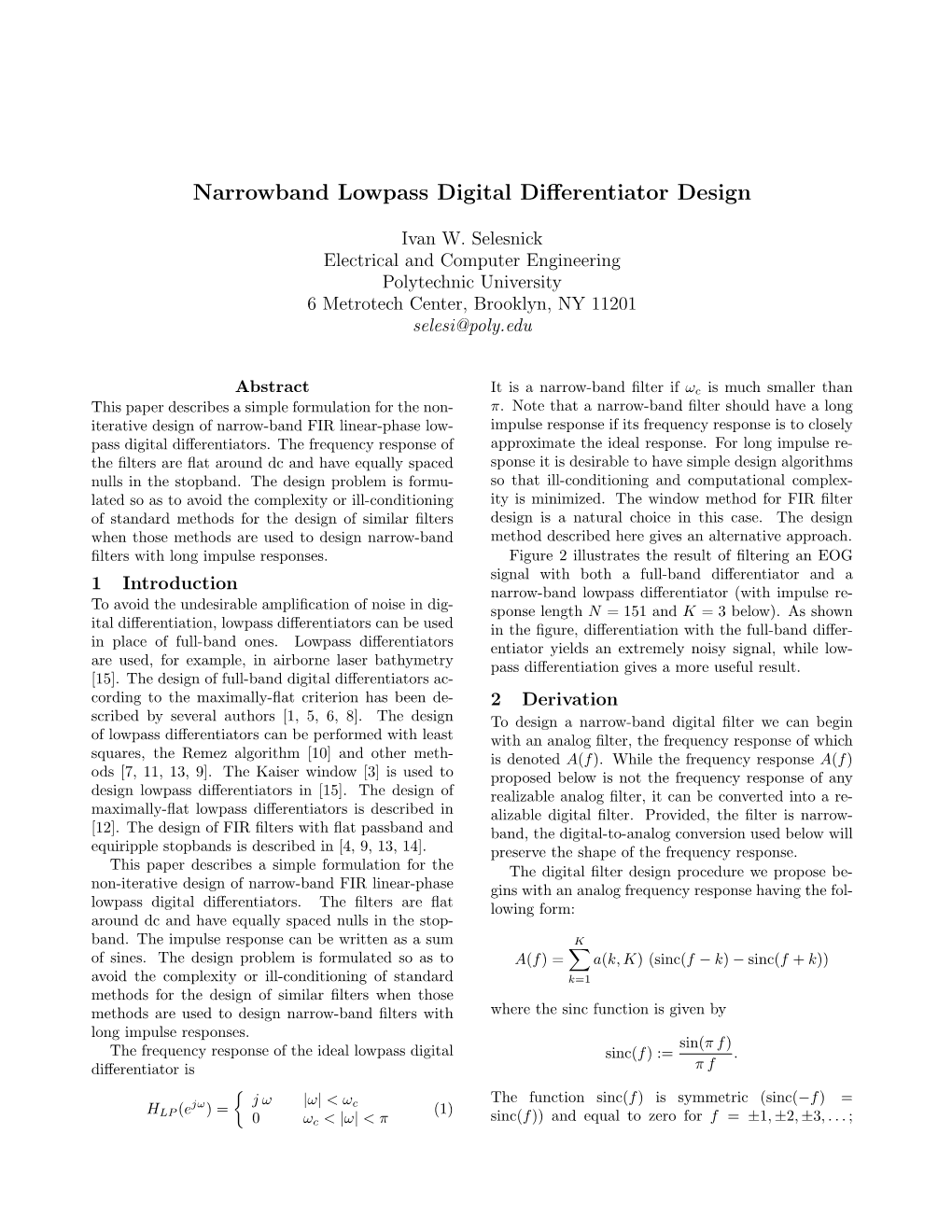 Narrowband Lowpass Digital Differentiator Design