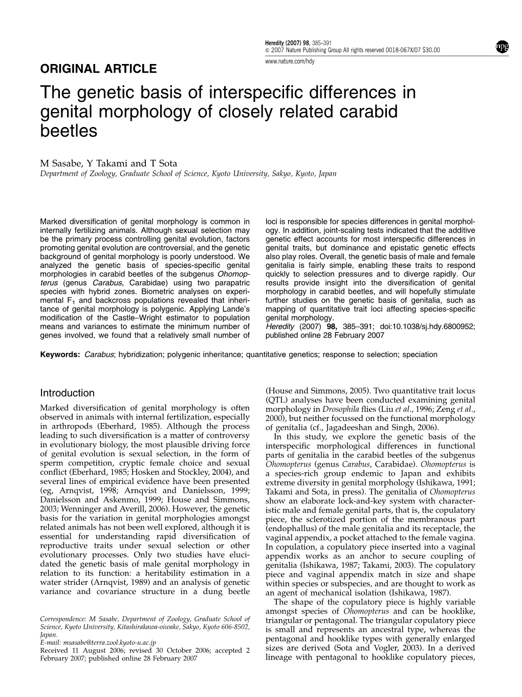 The Genetic Basis of Interspecific Differences in Genital Morphology Of