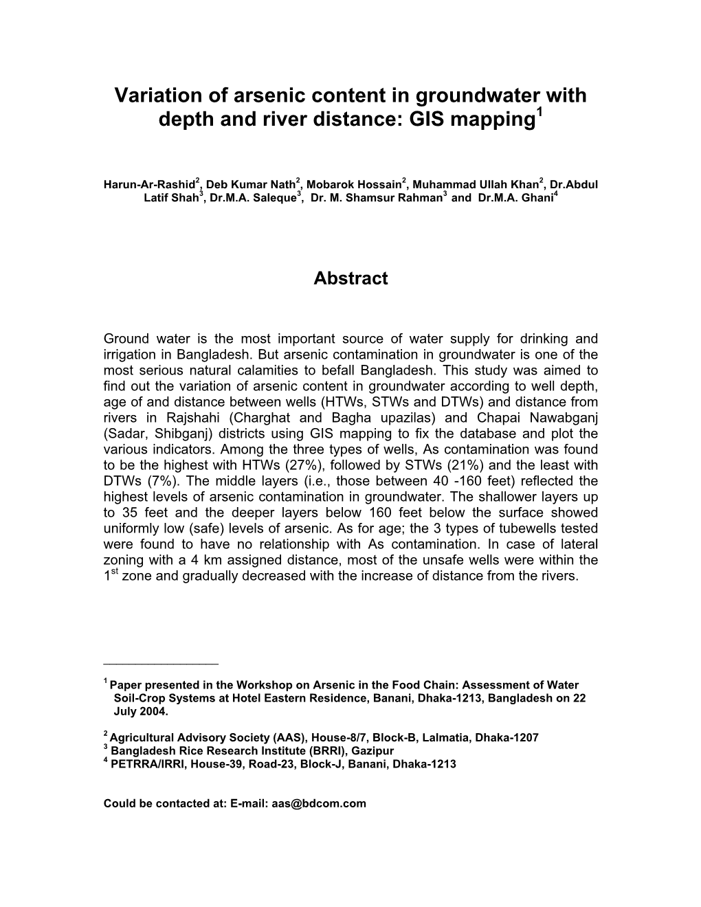 Variation of Arsenic Content in Groundwater with Depth and River Distance: GIS Mapping1