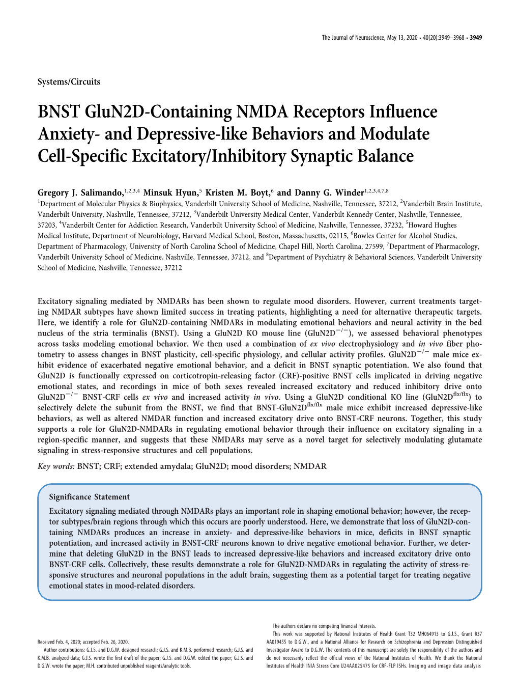 BNST Glun2d-Containing NMDA Receptors Influence Anxiety- and Depressive-Like Behaviors and Modulate Cell-Specific Excitatory/Inhibitory Synaptic Balance