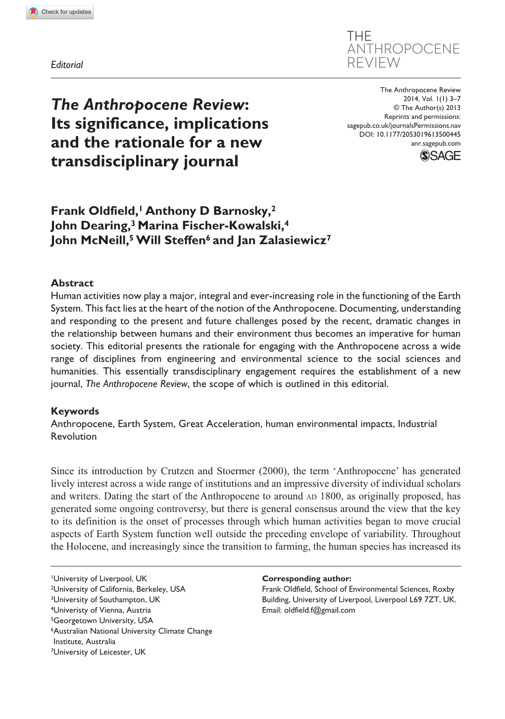 The Anthropocene Review: Its Significance, Implications and the Rationale for a New Transdisciplinary Journal