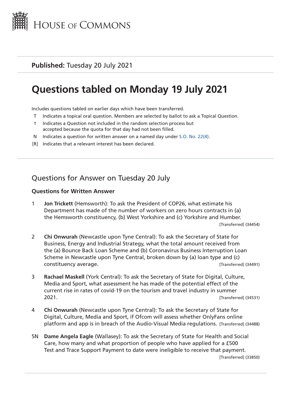 Questions Tabled on Mon 19 Jul 2021