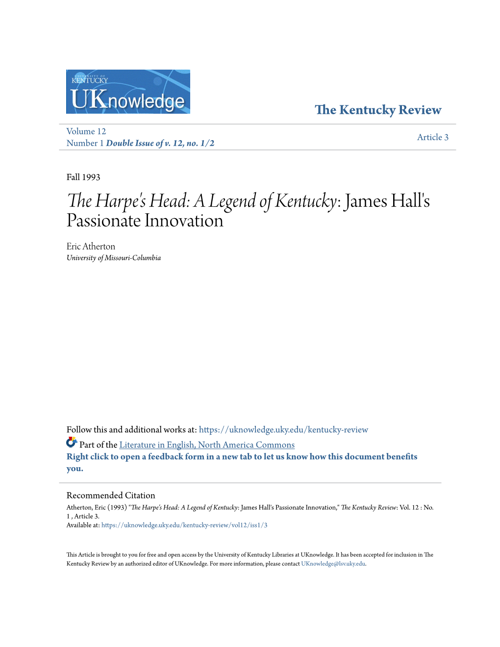 The Harpe's Head: a Legend of Kentucky: James Hall's Passionate Innovation Eric Atherton University of Missouri-Columbia