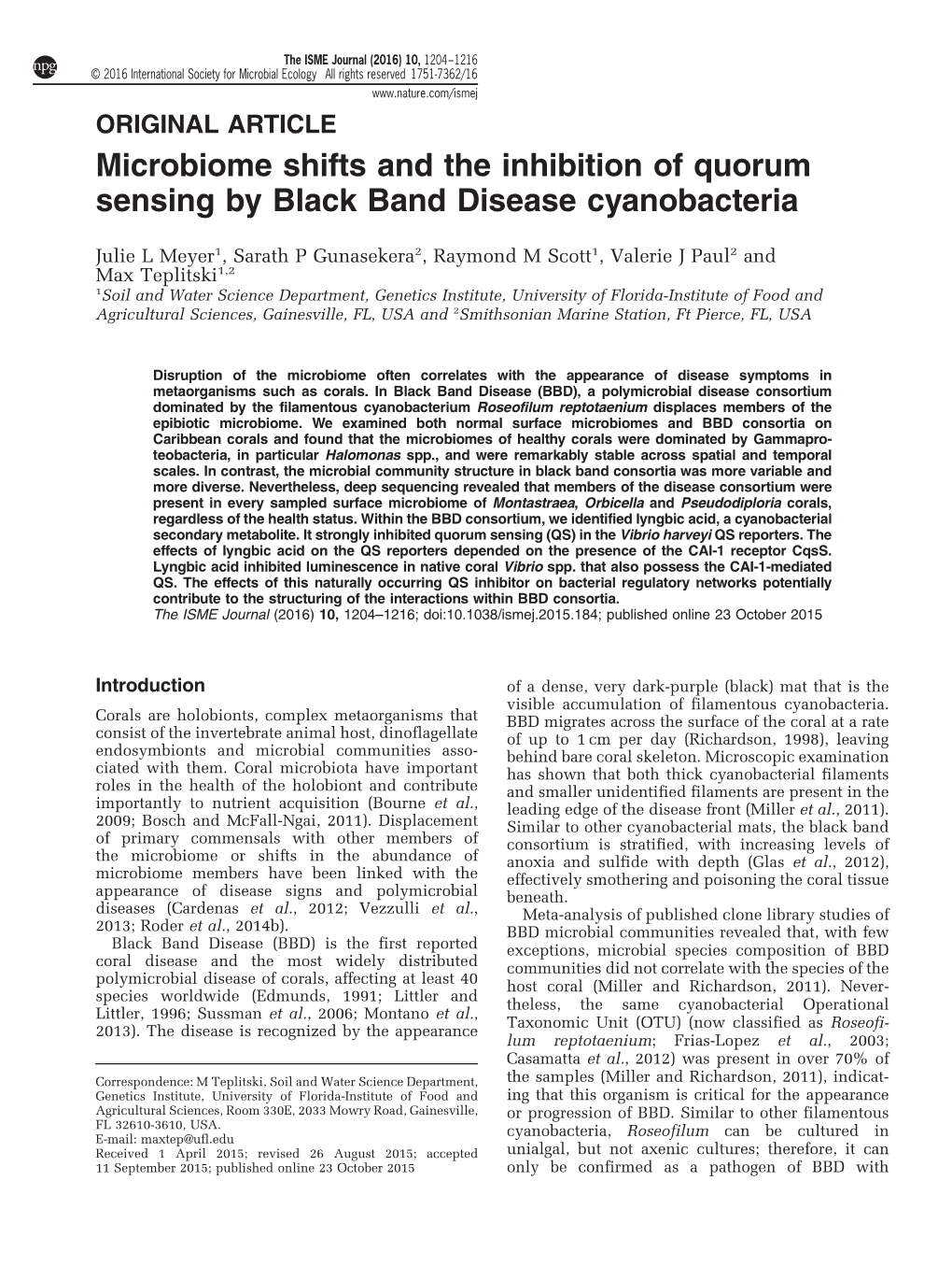 Microbiome Shifts and the Inhibition of Quorum Sensing by Black Band Disease Cyanobacteria