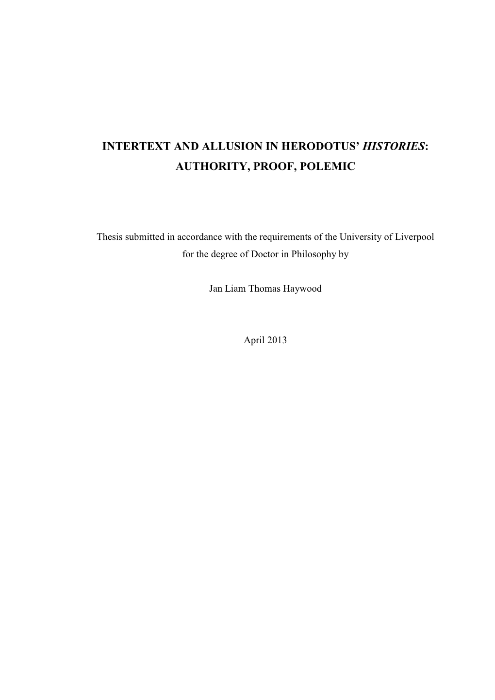 Intertext and Allusion in Herodotus' Histories: Authority, Proof, Polemic