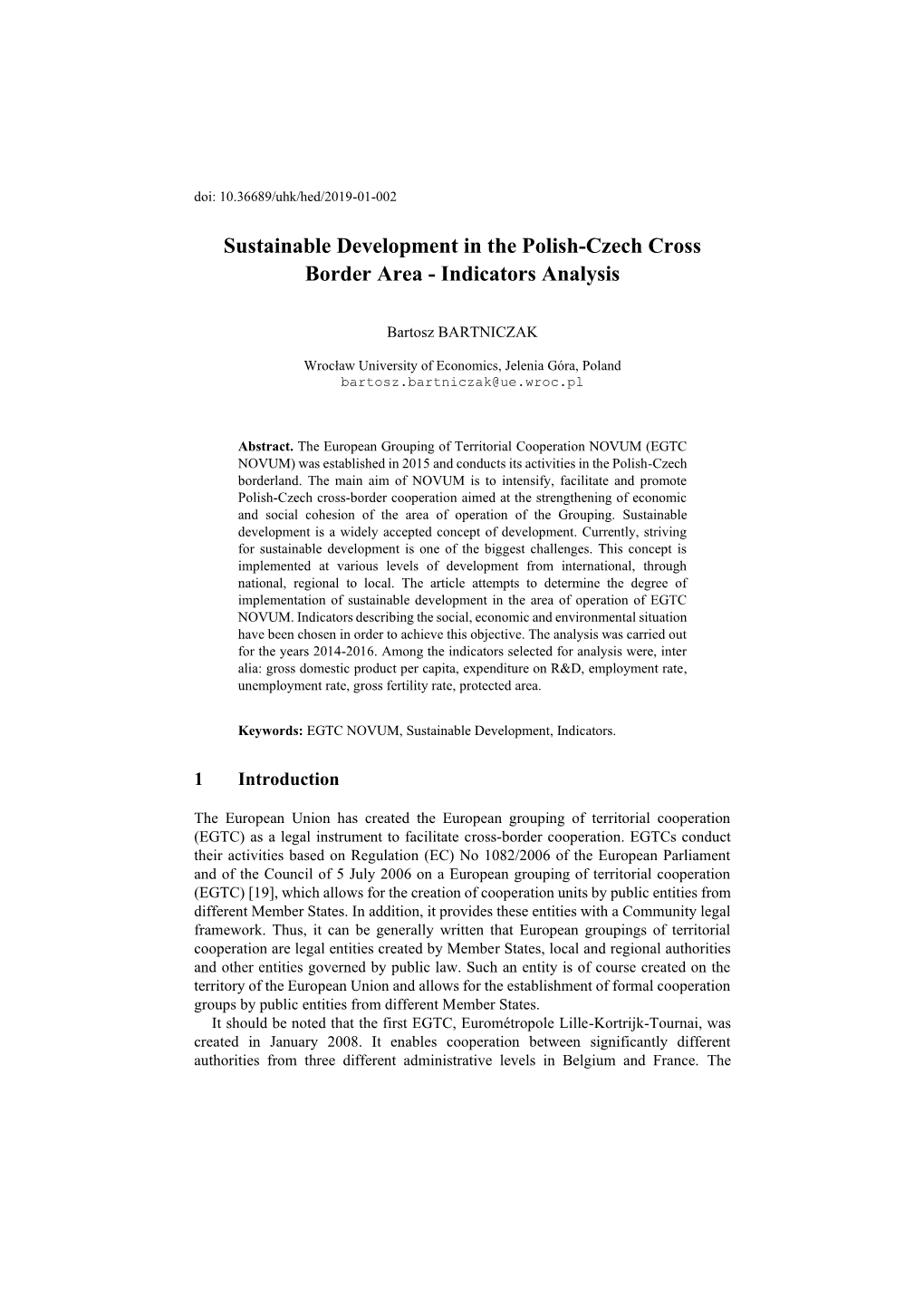 Sustainable Development in the Polish-Czech Cross Border Area - Indicators Analysis