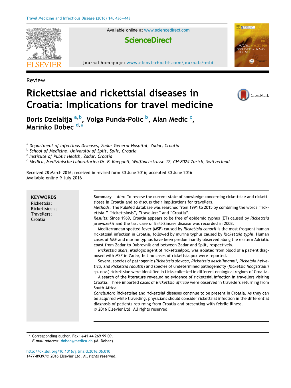 Rickettsiae and Rickettsial Diseases in Croatia: Implications for Travel