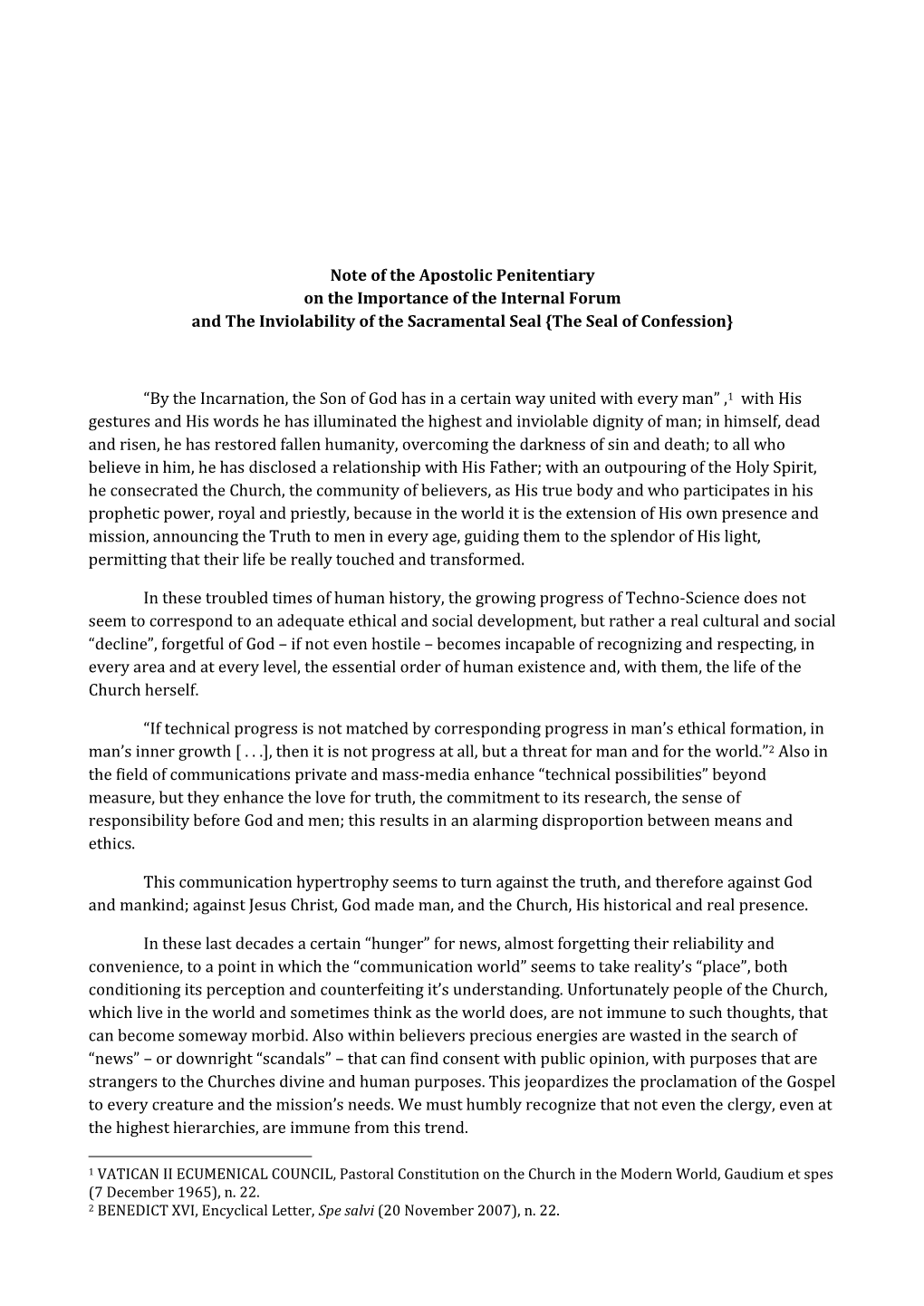 Note of the Apostolic Penitentiary on the Importance of the Internal Forum and the Inviolability of the Sacramental Seal {The Seal of Confession}