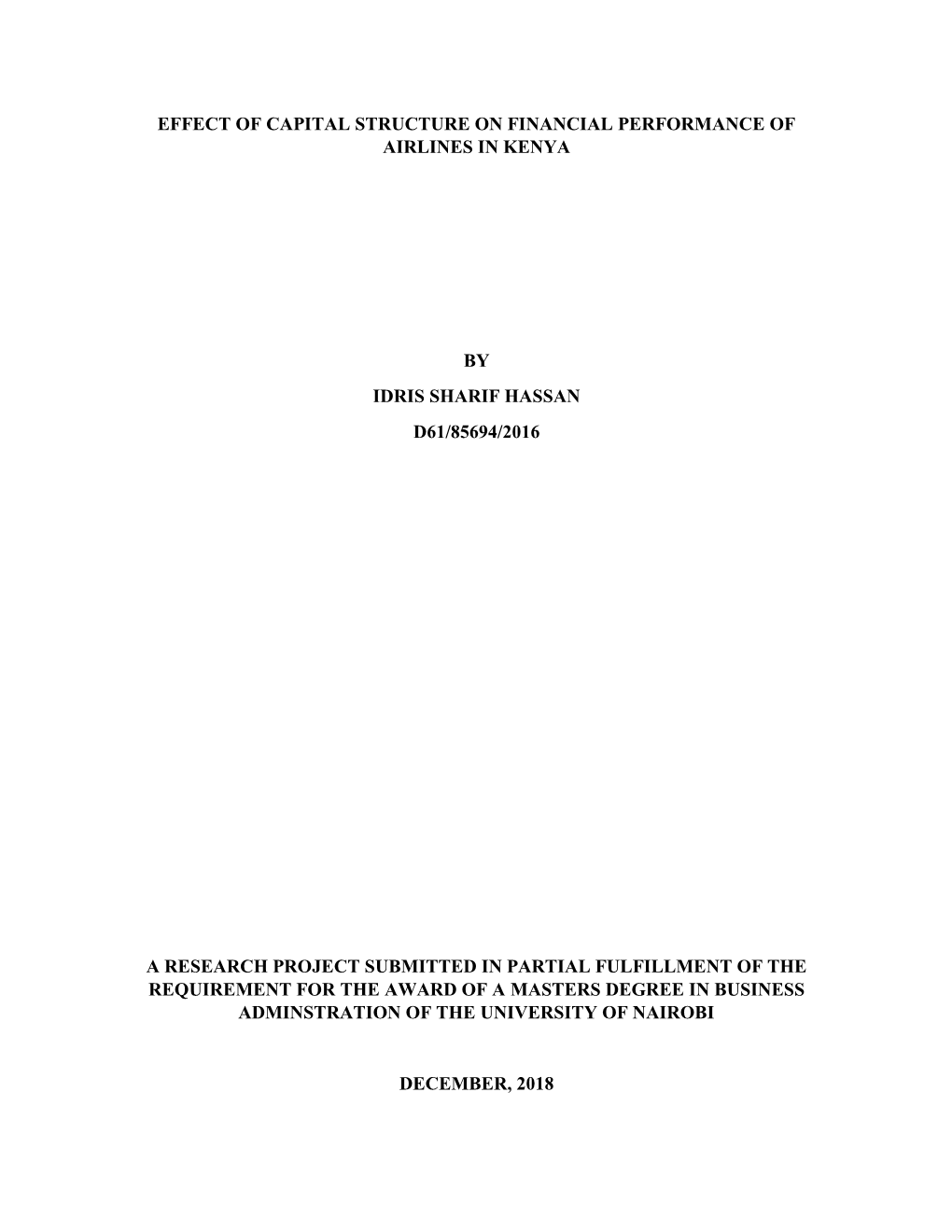 Effect of Capital Structure on Financial Performance of Airlines in Kenya