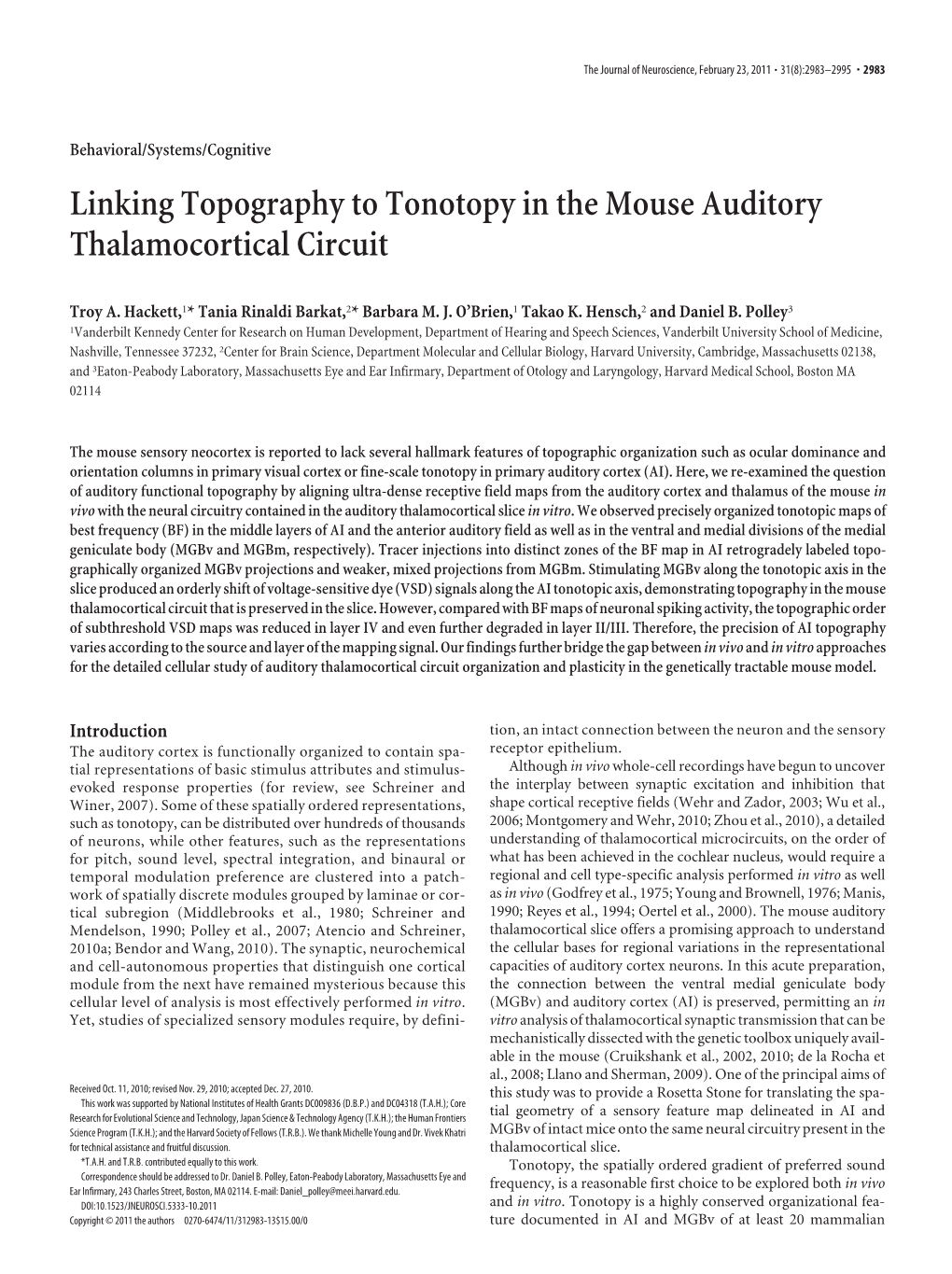 Linking Topography to Tonotopy in the Mouse Auditory Thalamocortical Circuit
