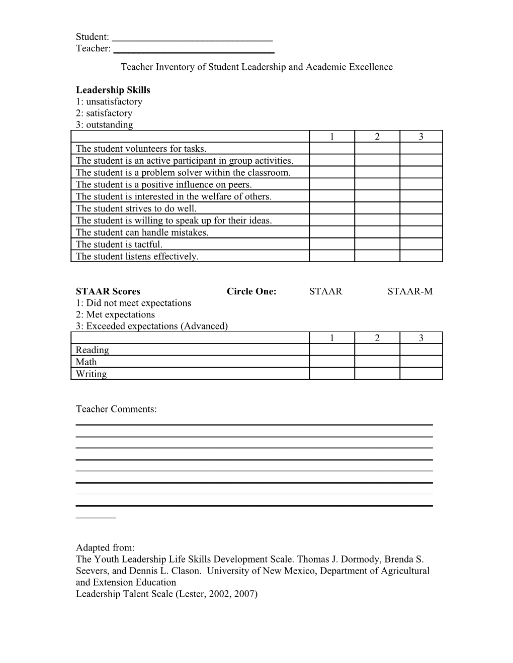 Teacher Inventory of Student Leadership and Academic Excellence