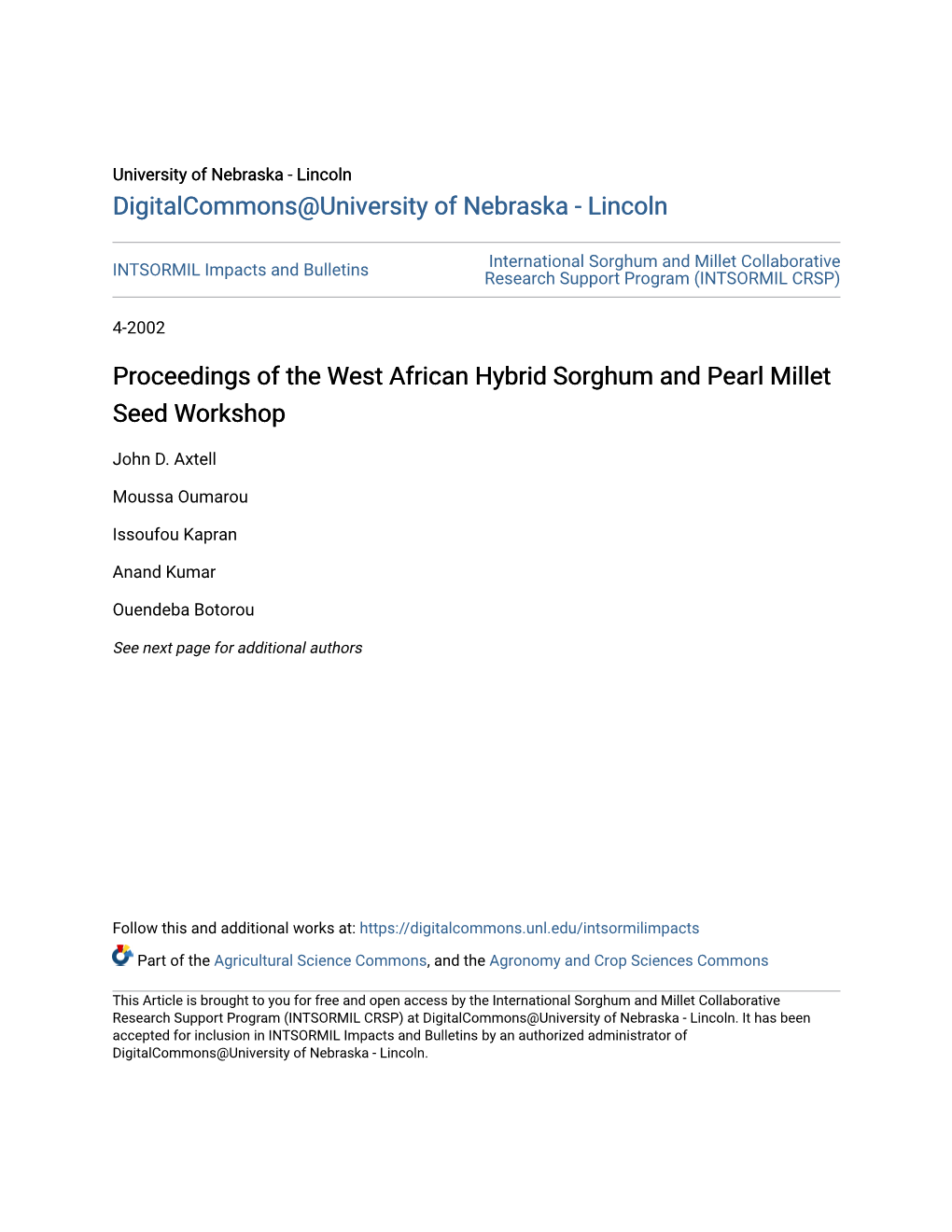 Proceedings of the West African Hybrid Sorghum and Pearl Millet Seed Workshop