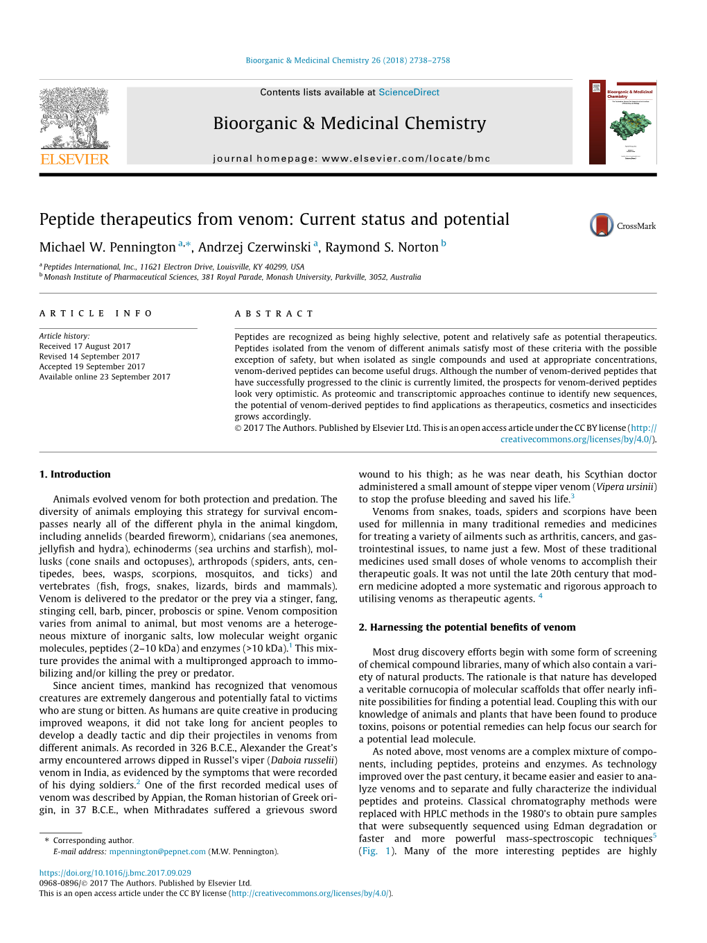 Peptide Therapeutics from Venom: Current Status and Potential ⇑ Michael W