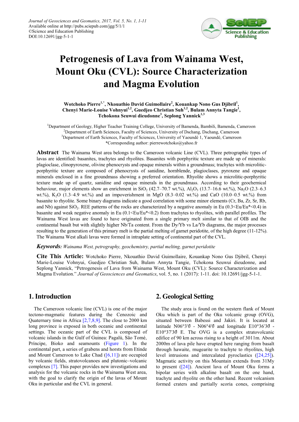 Petrogenesis of Lava from Wainama West, Mount Oku (CVL): Source Characterization and Magma Evolution