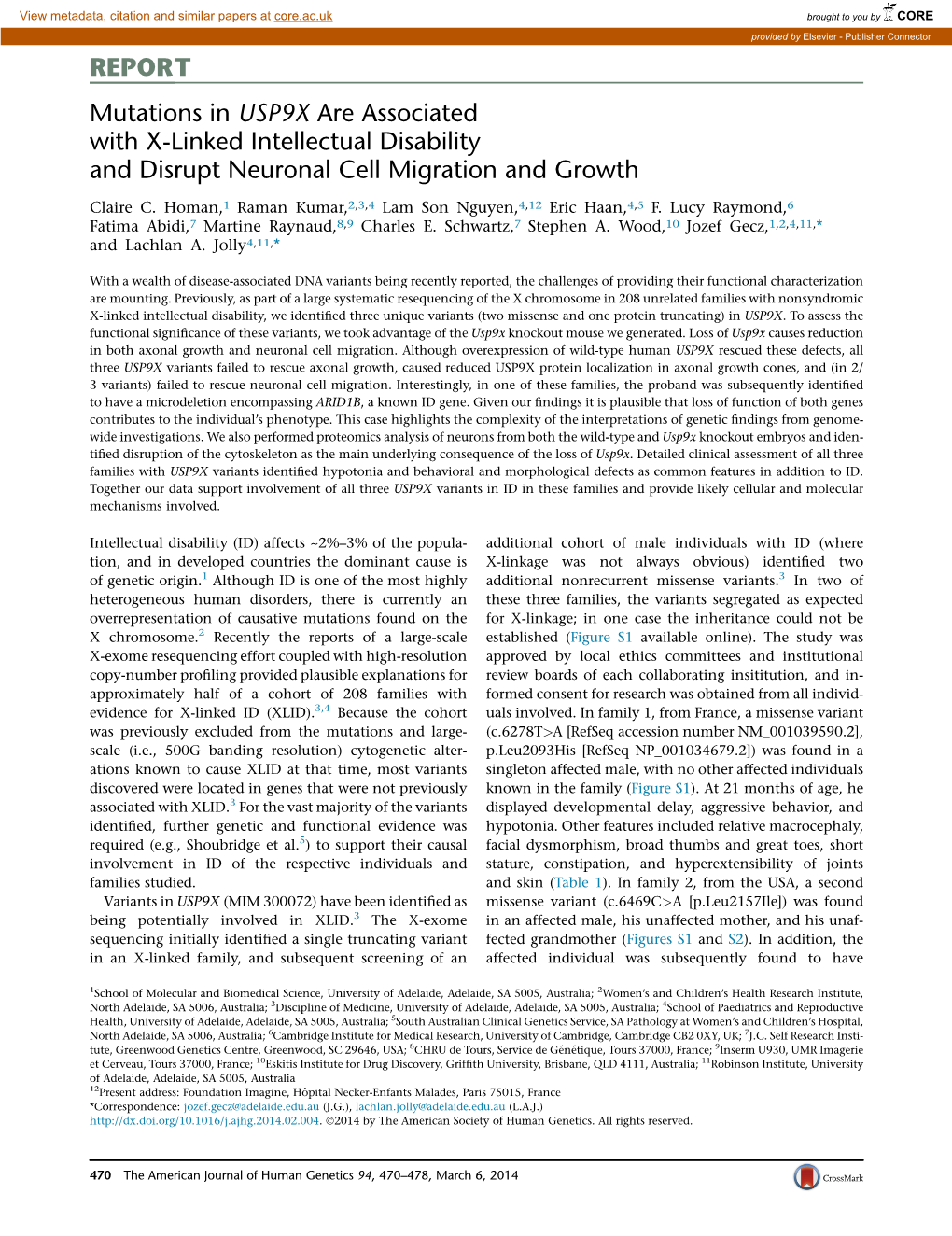 Mutations in USP9X Are Associated with X-Linked Intellectual Disability and Disrupt Neuronal Cell Migration and Growth