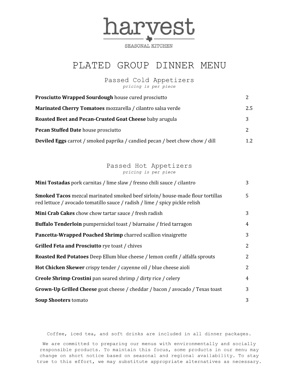 PLATED GROUP DINNER MENU Passed Cold Appetizers Pricing Is Per Piece