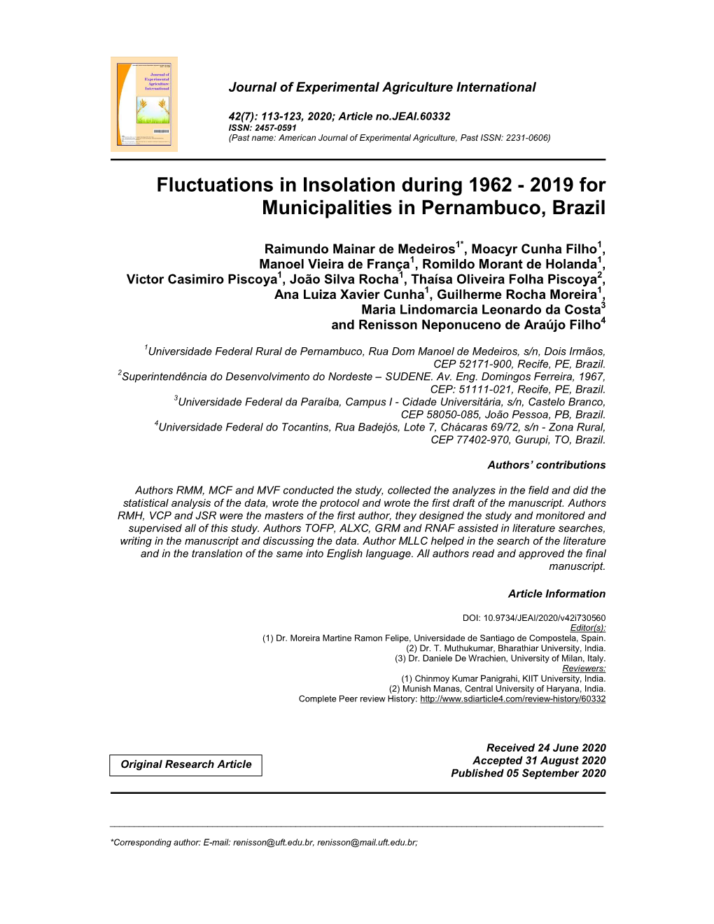 Fluctuations in Insolation During 1962 - 2019 for Municipalities in Pernambuco, Brazil