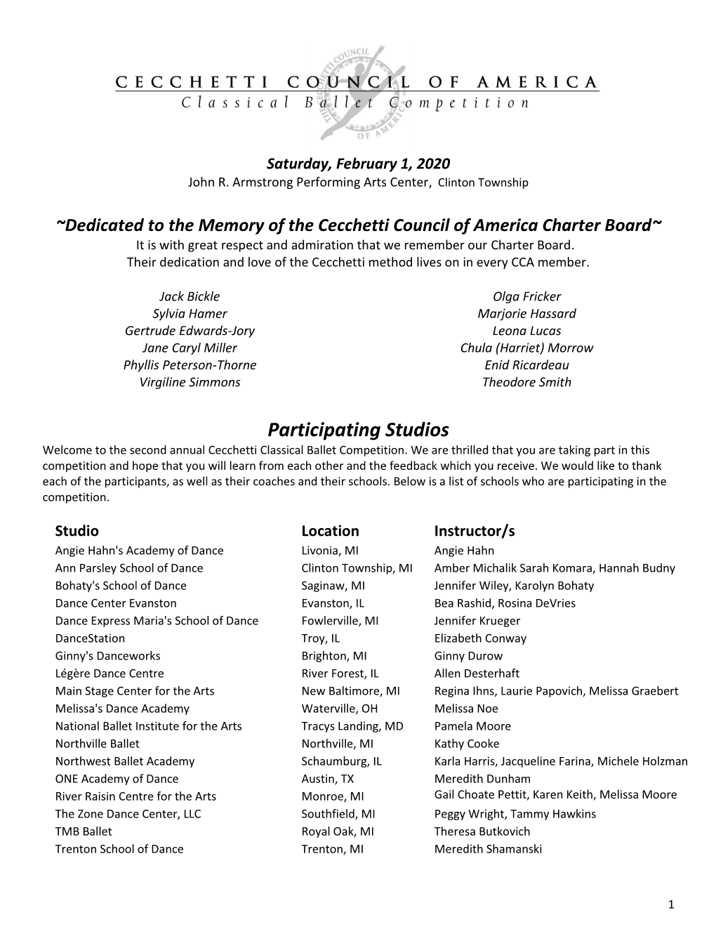 Participating Studios Welcome to the Second Annual Cecchetti Classical Ballet Competition