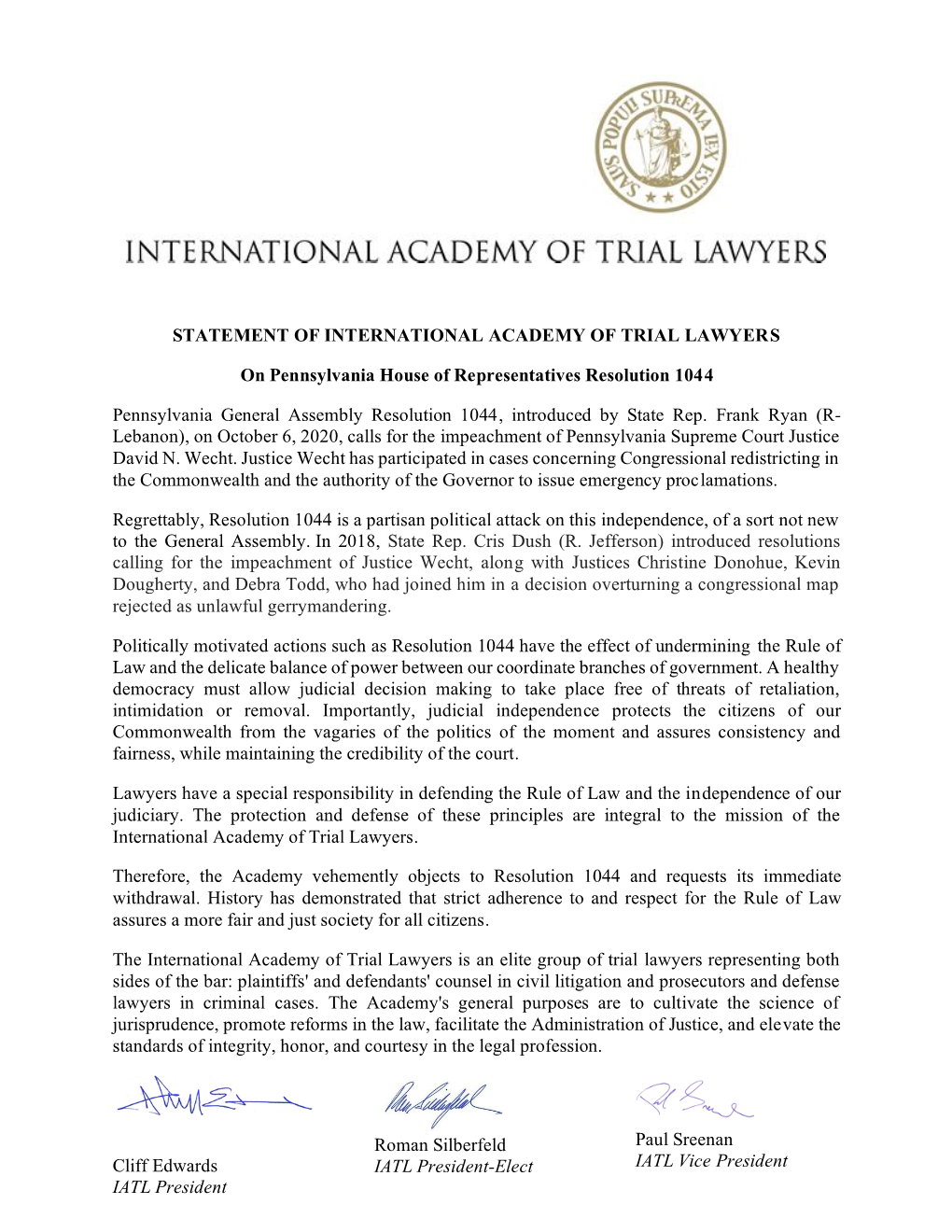 IATL Statement on Pennsylvania House Of