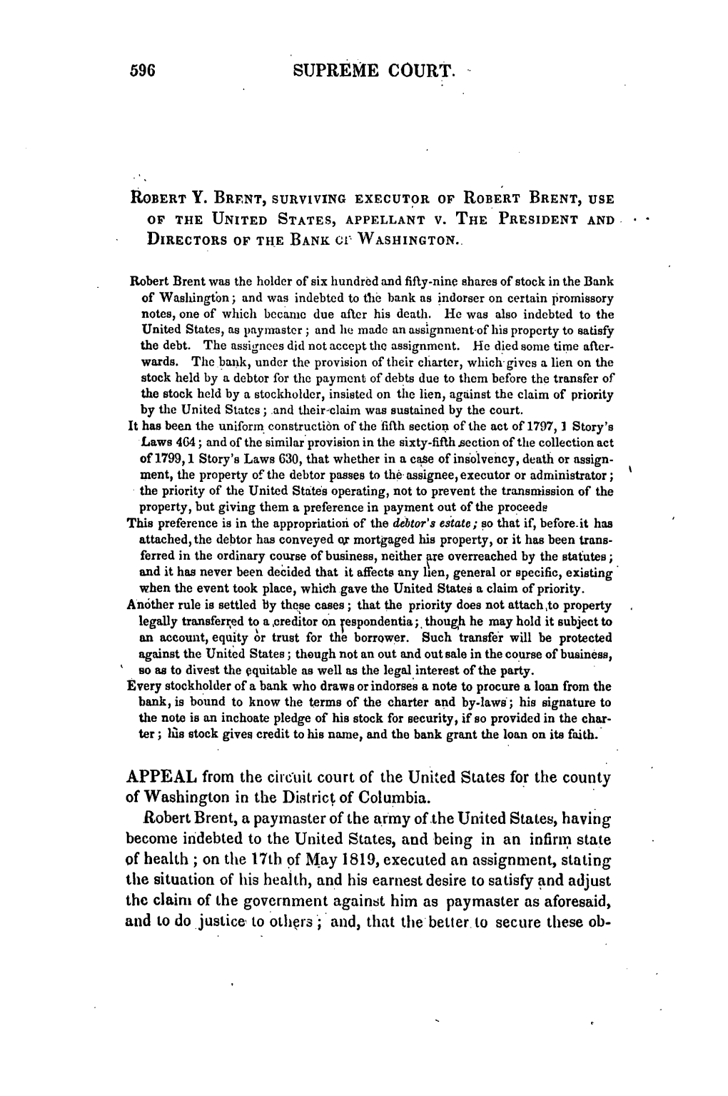 U.S. Reports: Brent V. the Bank of Washington, 35 U.S. (10 Pet.) 596