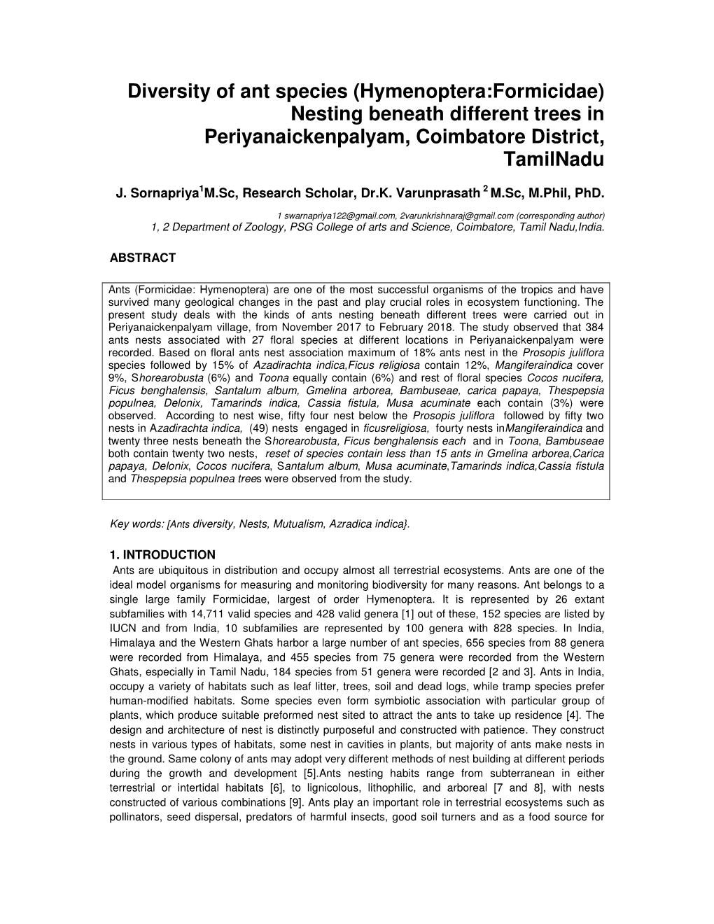 Diversity of Ant Species (Hymenoptera:Formicidae) Nesting Beneath Different Trees in Periyanaickenpalyam, Coimbatore District, Tamilnadu