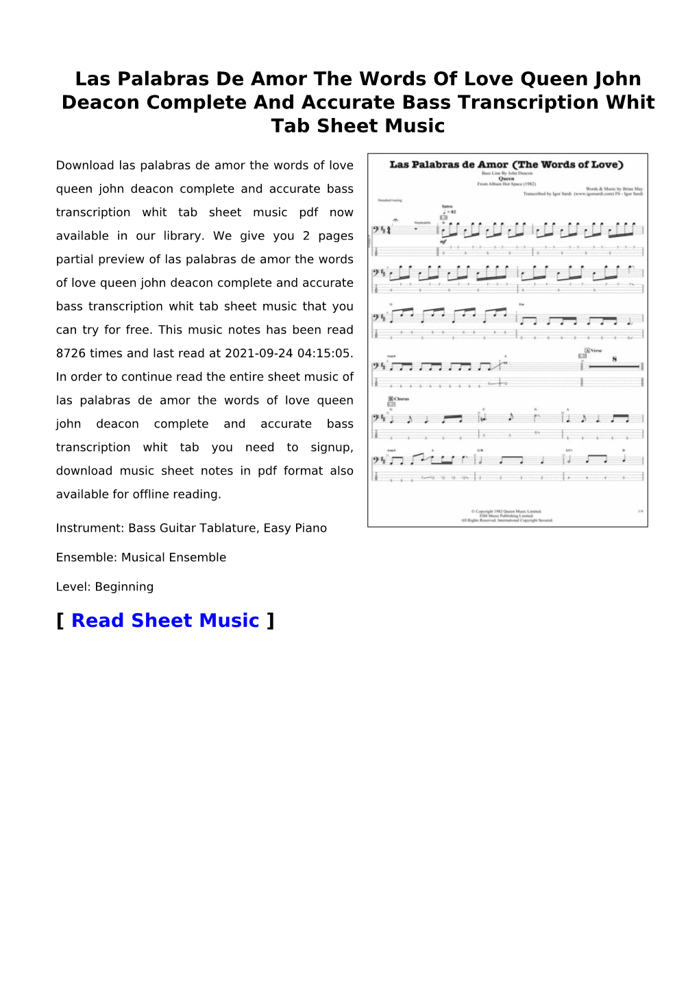 Las Palabras De Amor the Words of Love Queen John Deacon Complete and Accurate Bass Transcription Whit Tab Sheet Music