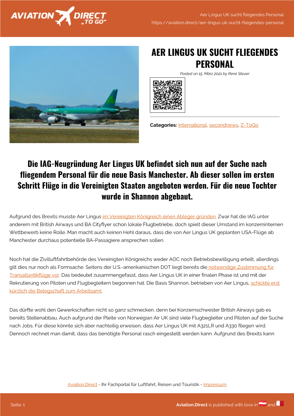 Aer Lingus UK Sucht Fliegendes Personal