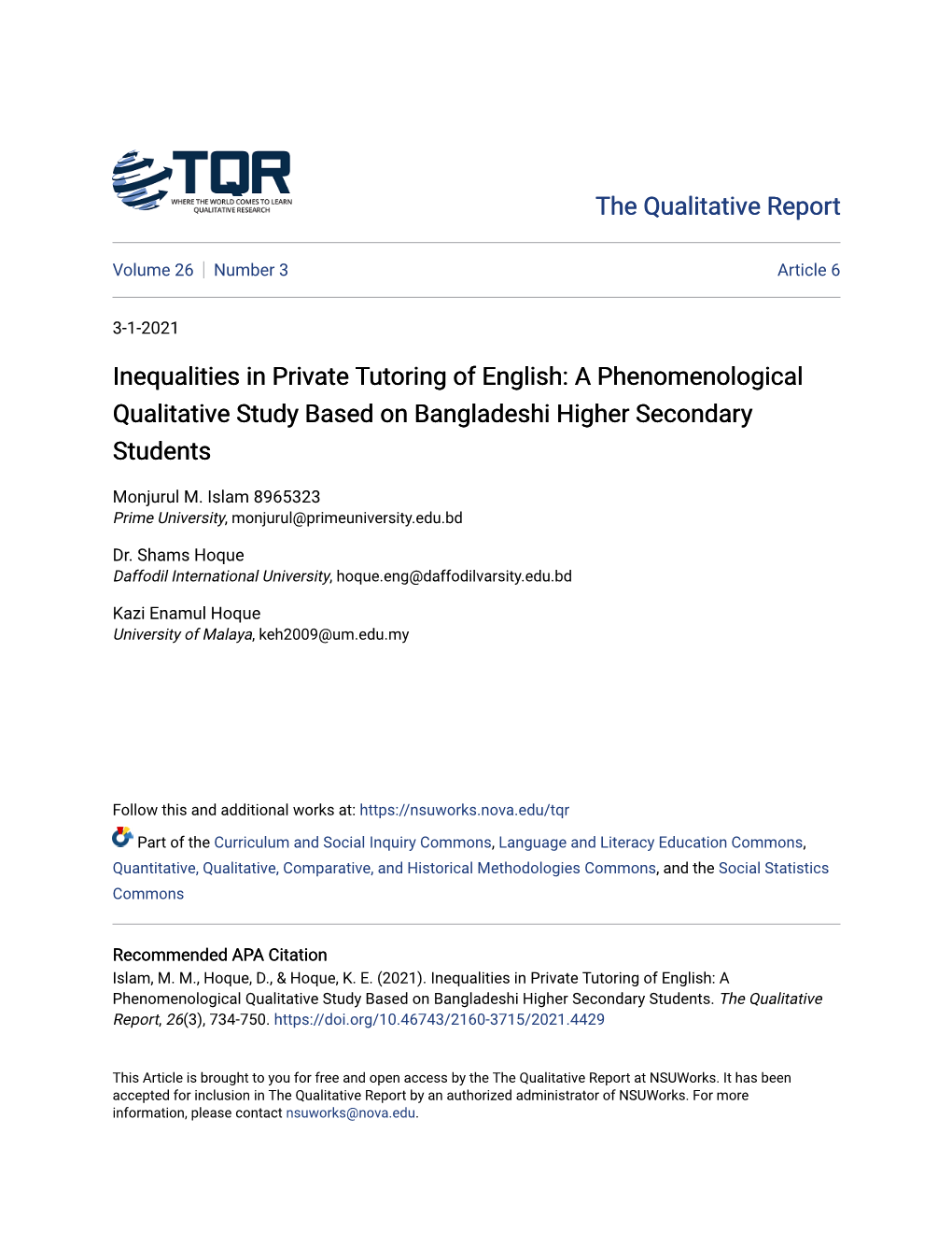 Inequalities in Private Tutoring of English: a Phenomenological Qualitative Study Based on Bangladeshi Higher Secondary Students