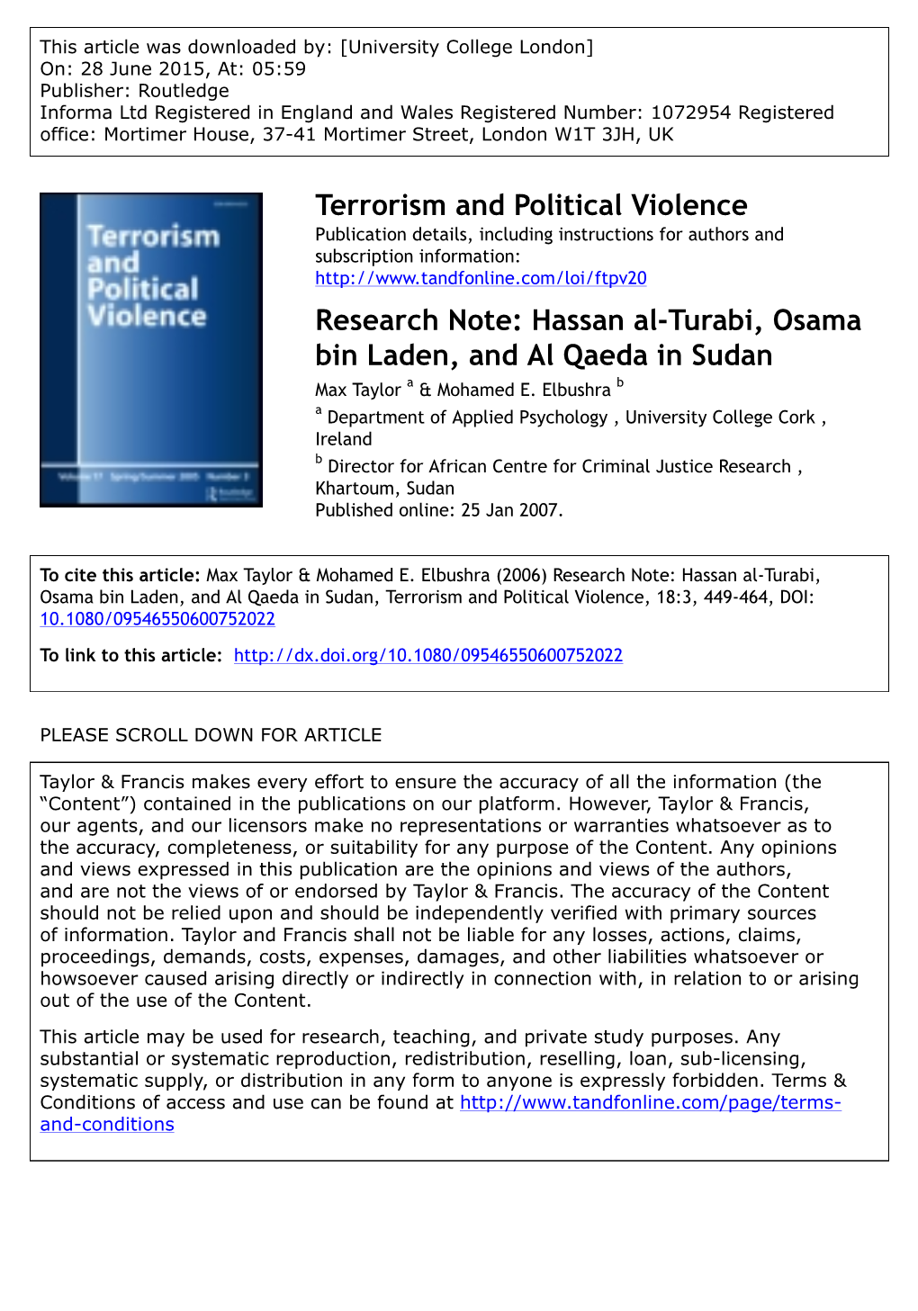 Hassan Al-Turabi, Osama Bin Laden, and Al Qaeda in Sudan Max Taylor a & Mohamed E