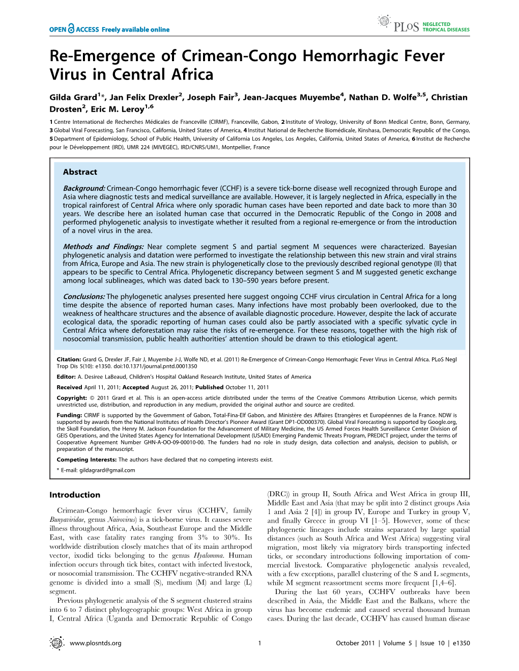 Re-Emergence of Crimean-Congo Hemorrhagic Fever Virus in Central Africa