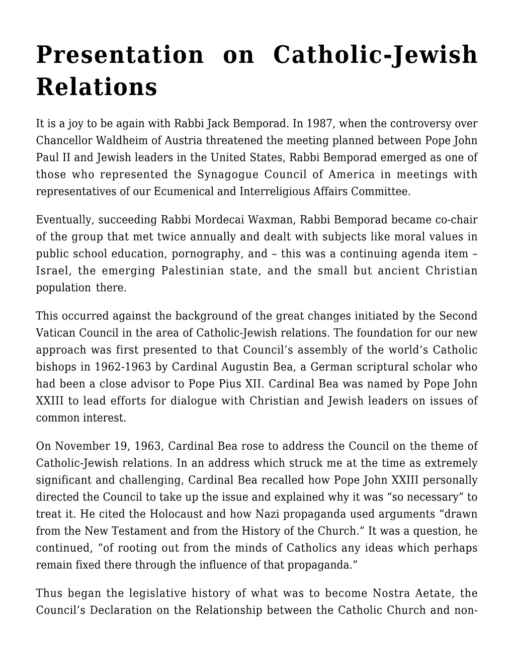 Presentation on Catholic-Jewish Relations
