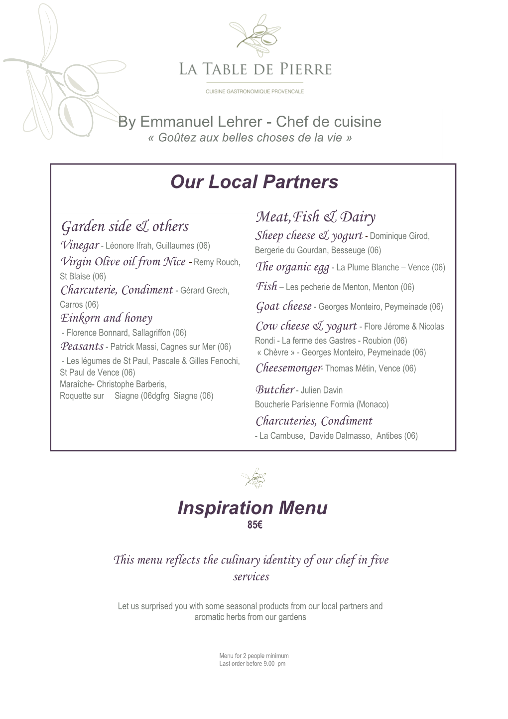 Our Local Partners Inspiration Menu