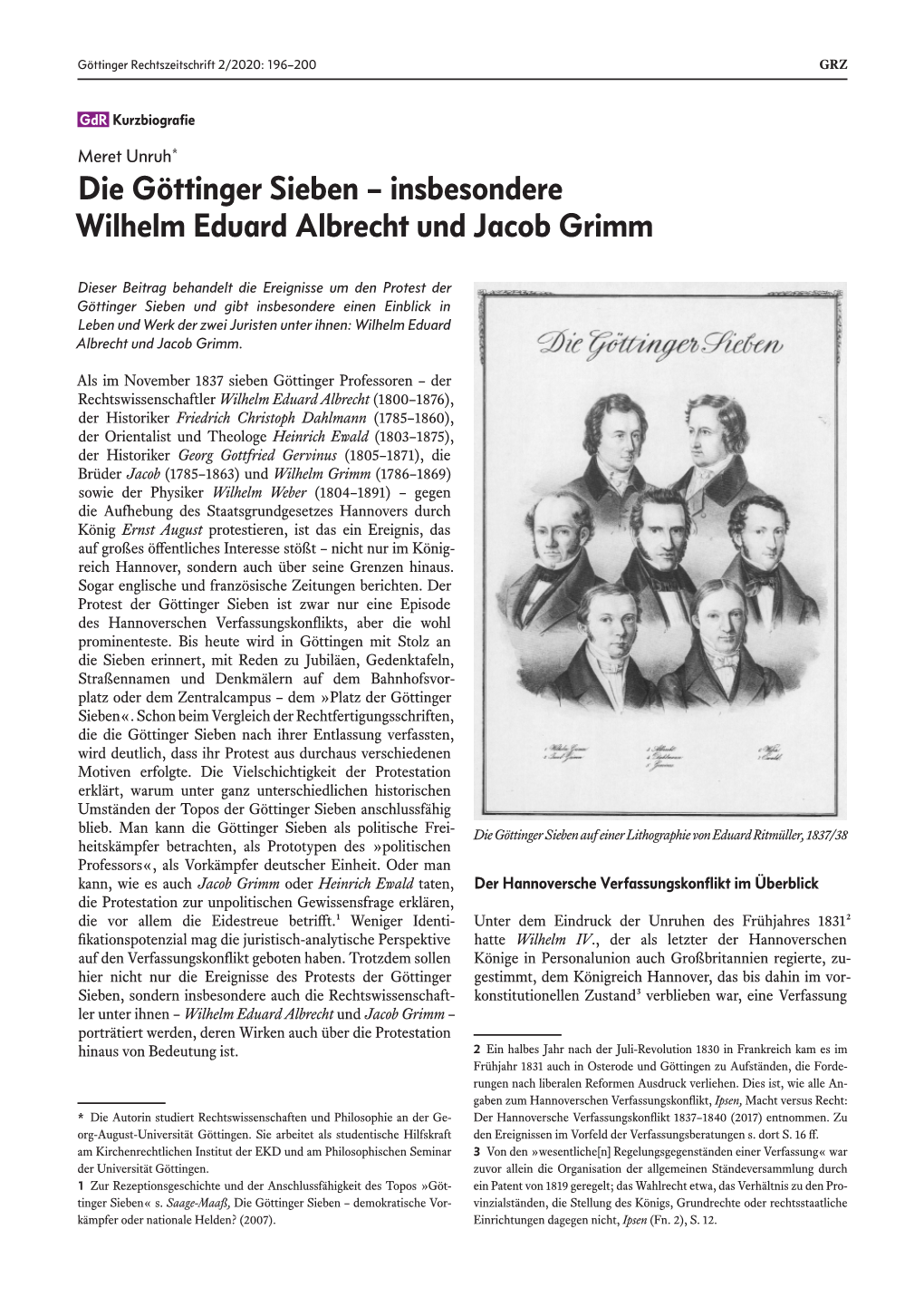 Die Göttinger Sieben – Insbesondere Wilhelm Eduard Albrecht Und Jacob Grimm