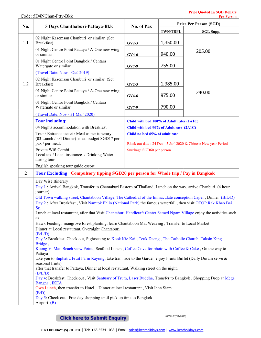 5 Days Chanthaburi-Pattaya-Bangkok