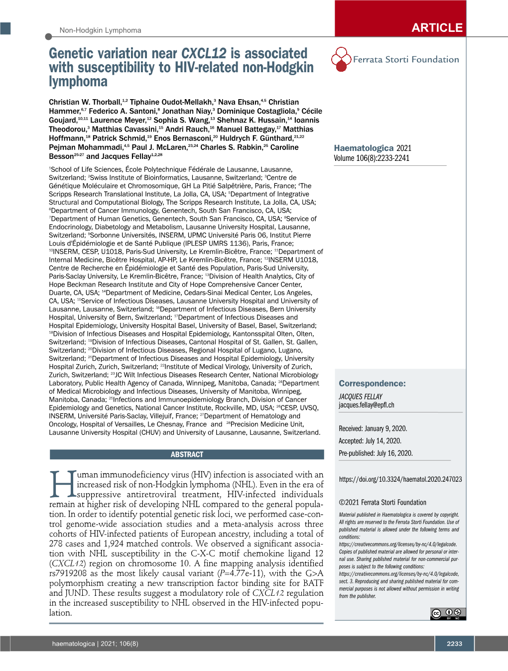 Genetic Variation Near CXCL12 Is Associated with Susceptibility to HIV-Related Non-Hodgkin Ferrata Storti Foundation Lymphoma