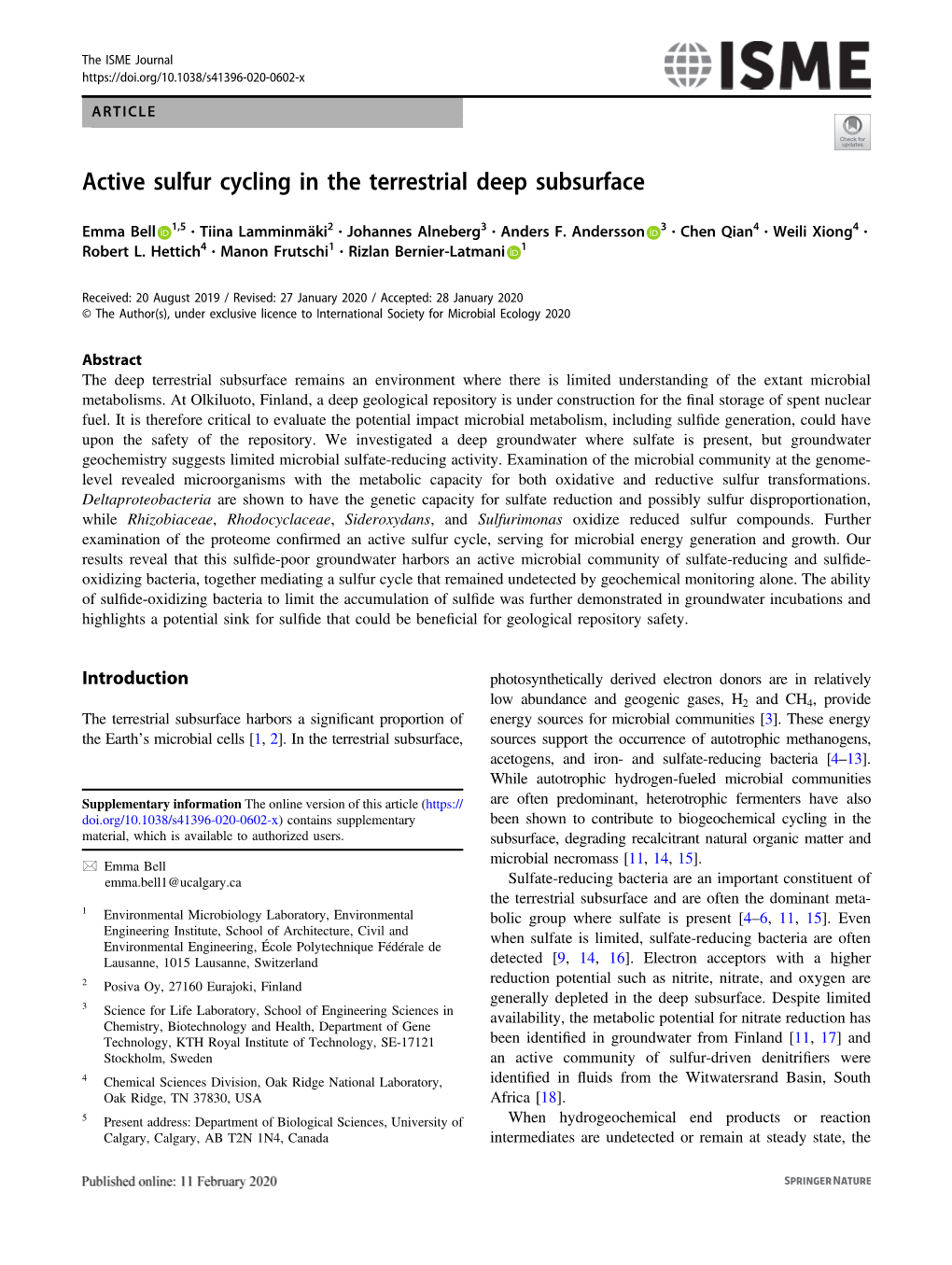 Active Sulfur Cycling in the Terrestrial Deep Subsurface