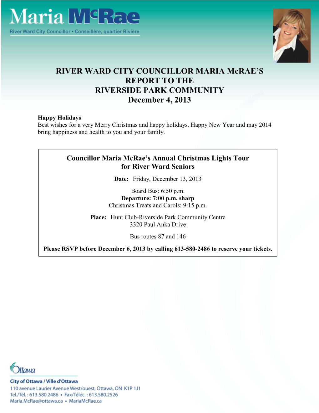 RIVER WARD CITY COUNCILLOR MARIA Mcrae's REPORT to THE
