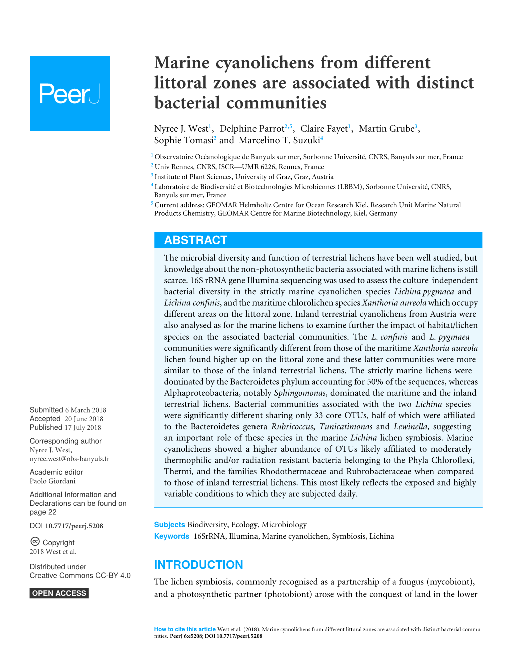 Marine Cyanolichens from Different Littoral Zones Are Associated with Distinct Bacterial Communities