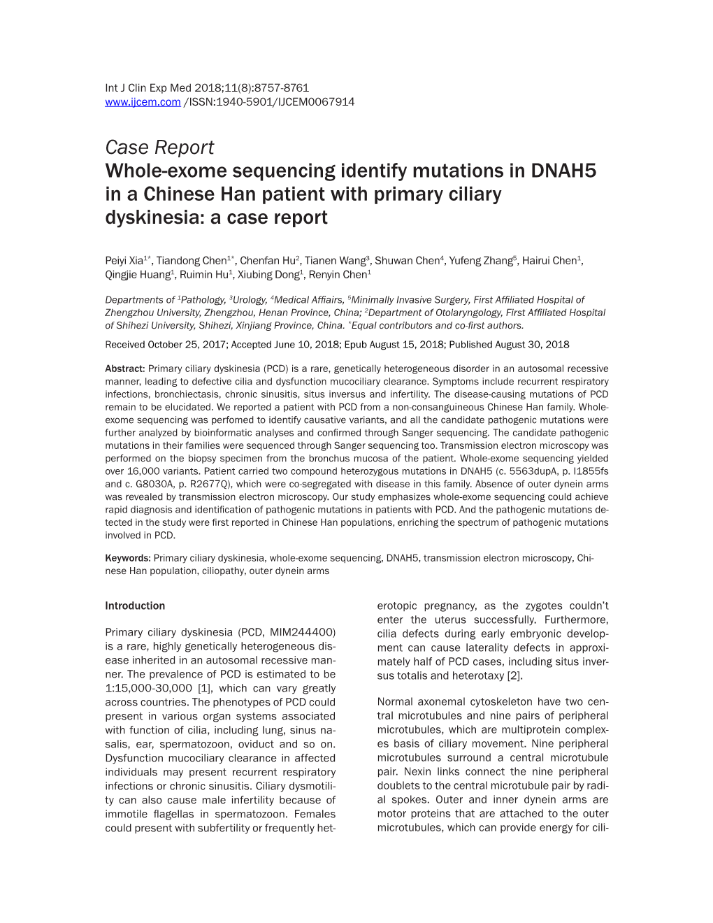 Case Report Whole-Exome Sequencing Identify Mutations in DNAH5 in a Chinese Han Patient with Primary Ciliary Dyskinesia: a Case Report