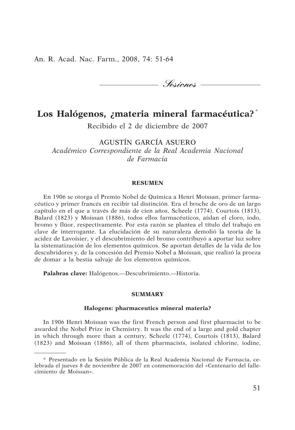 Los Halógenos, ¿Materia Mineral Farmacéutica? * Recibido El 2 De Diciembre De 2007