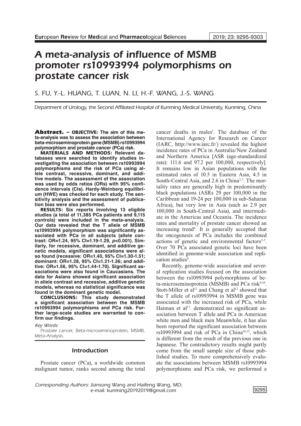 A Meta-Analysis of Influence of MSMB Promoter Rs10993994 Polymorphisms on Prostate Cancer Risk