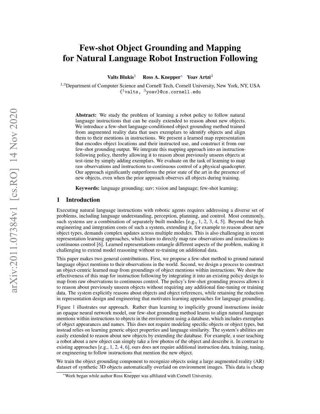 Few-Shot Object Grounding and Mapping for Natural Language Robot Instruction Following